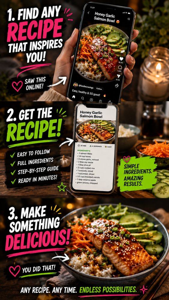 Find any recipe online and recreate it instantly with full ingredients and steps